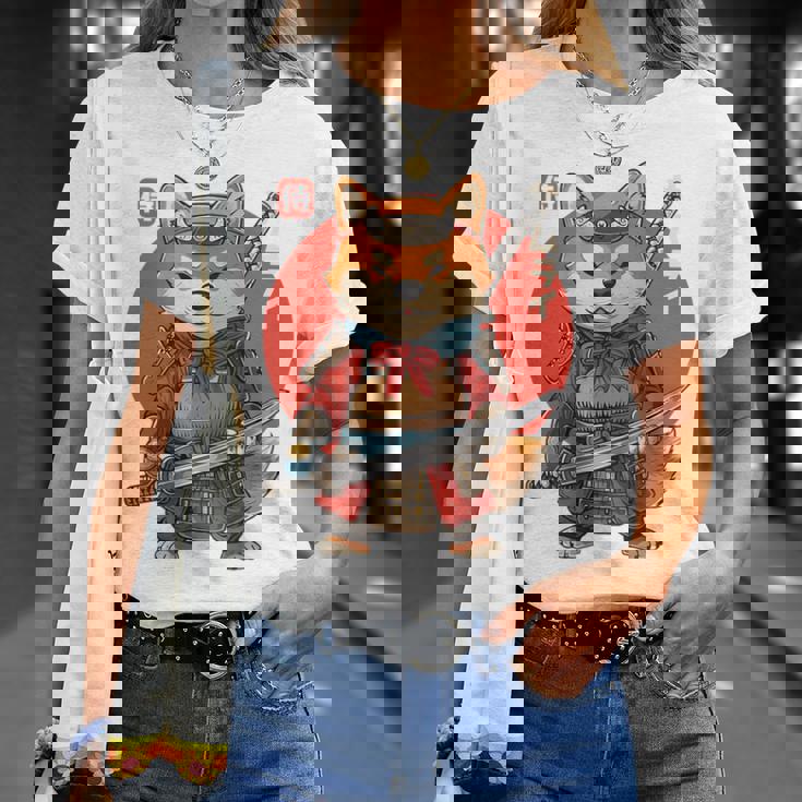 日本の侍犬 柴戦士 浮世サムライ バックプリント Tシャツ 彼女への贈り物