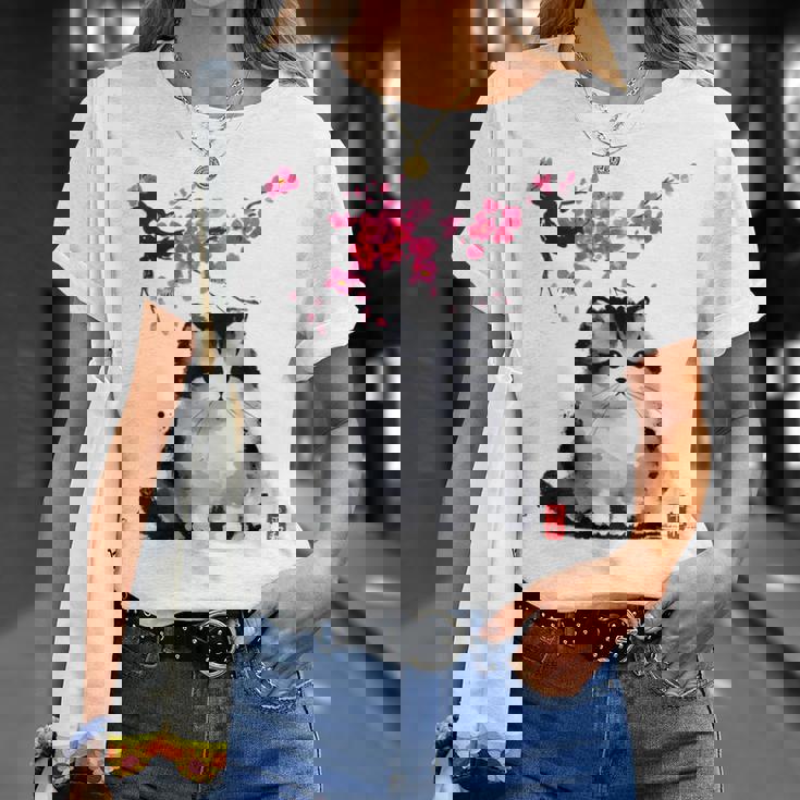 日本の墨絵マンチキン猫 桜 桜アート Tシャツ 彼女への贈り物