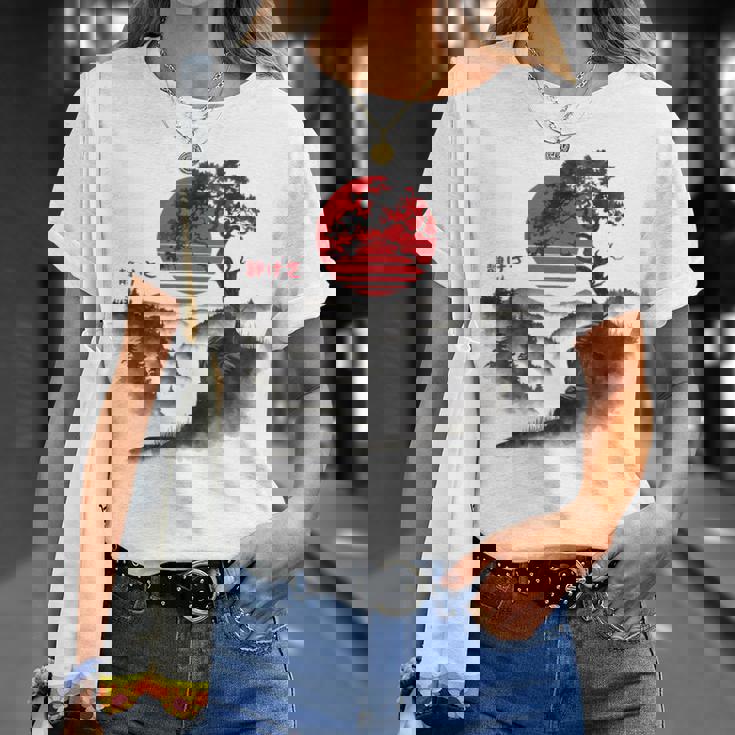 日本の木 赤い月 絵画 日本 夕日 男性 女性 Tシャツ 彼女への贈り物