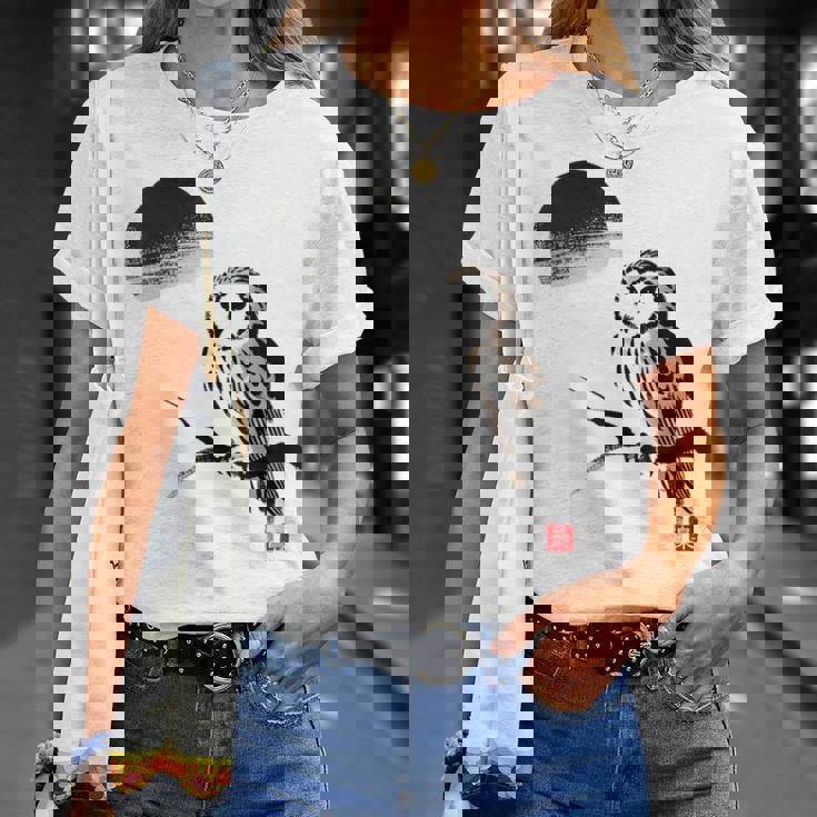 日本製 墨絵 ふくろう アート 墨筆 絵 漢字 知恵 – 日本文化デザイン Tシャツ 彼女への贈り物