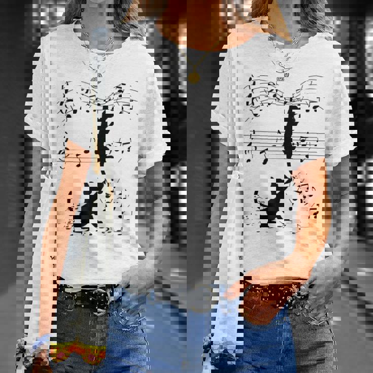 楽譜で遊ぶ面白い猫 Tシャツ 彼女への贈り物