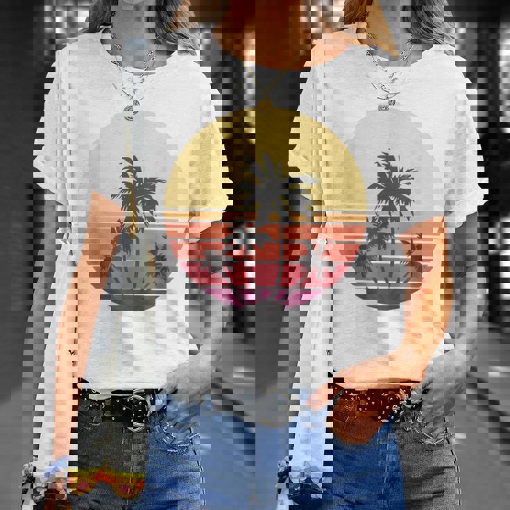 涼しい 夏休み メンズ レディース サンセット ビーチ ヤシの木 Tシャツ 彼女への贈り物