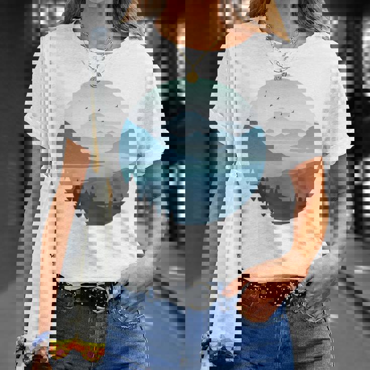 湖 森 風景 山 シルエット 長袖tシャツ Tシャツ 彼女への贈り物