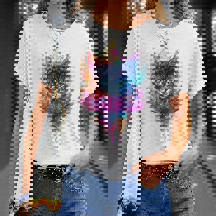 猫 花 カラフル かわいい アート 動物好き グラフィック 猫 Tシャツ 彼女への贈り物