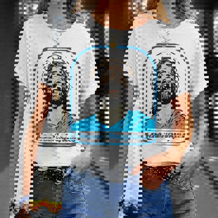 笑うイエス キリスト 喜び 幸せな笑顔 自信 いばらの冠 満足感 クリスマスプレゼント 贈り物 お土産 ポジティブ Tシャツ 彼女への贈り物