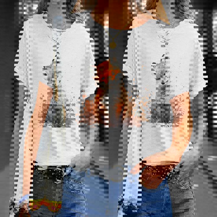 笑顔 水彩 キツネ 森林 動物 Tシャツ 彼女への贈り物