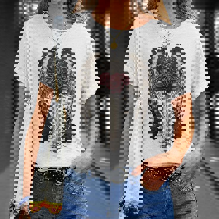 翼とバラのゴシック・クロス 長袖tシャツ Tシャツ 彼女への贈り物