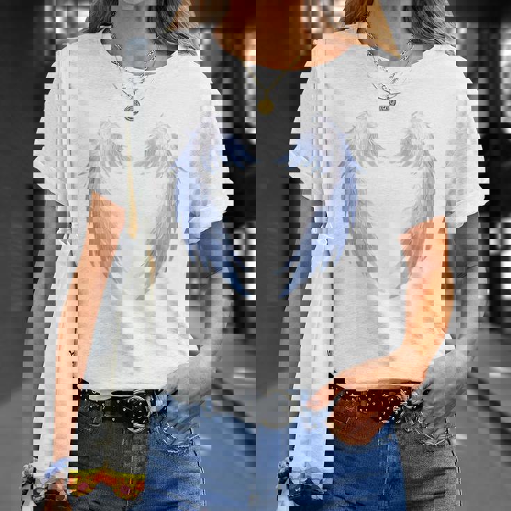 背面に美しい白い天使の羽のデザイン Tシャツ 彼女への贈り物