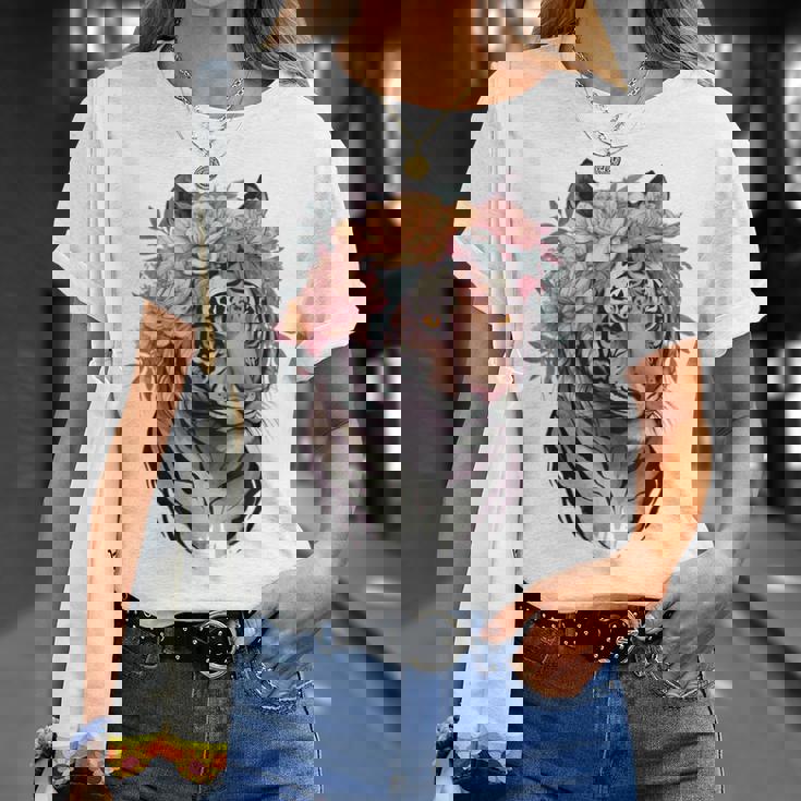 花柄 水彩 虎 花 王冠 虎好き Tシャツ 彼女への贈り物