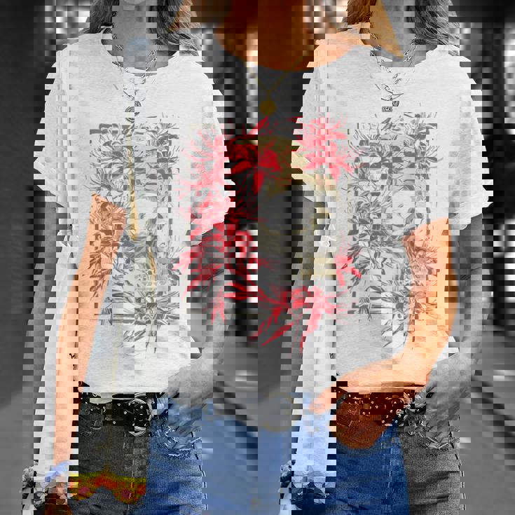 赤いクモのユリの花 日本の頭蓋骨 オタクのバックプリント Tシャツ 彼女への贈り物