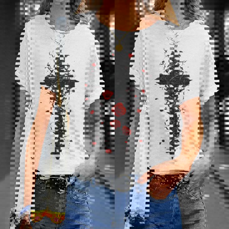 赤いバラのゴシック・クロス 長袖tシャツ Tシャツ 彼女への贈り物