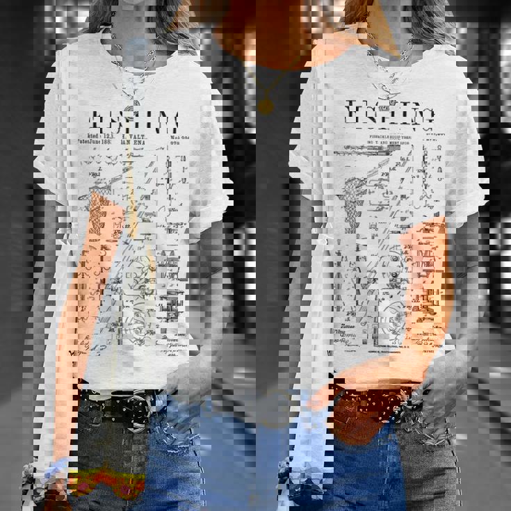 釣り ロッド タックル リール ルアー フィッシャーマン ヴィンテージ 特許 プリント Tシャツ 彼女への贈り物