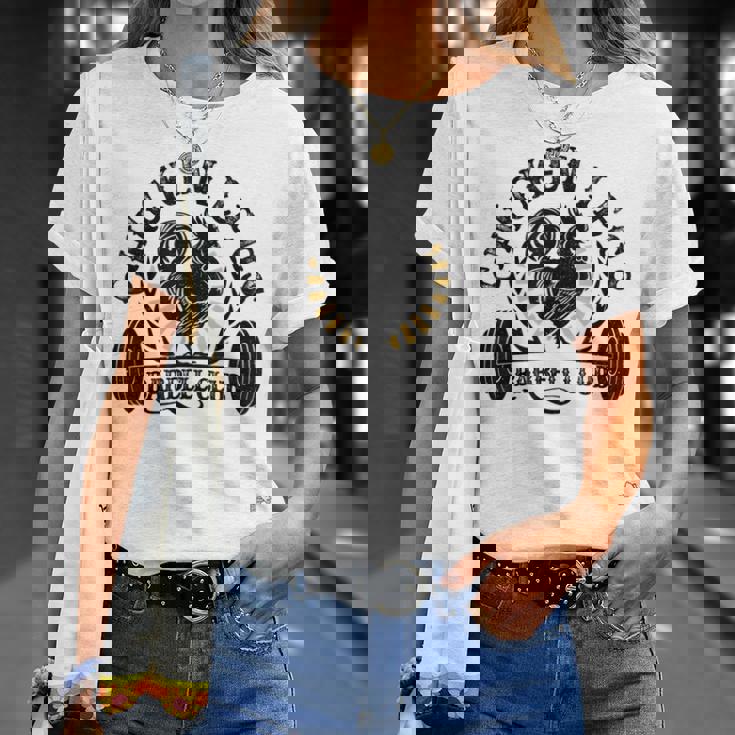 面白いチキンレッグバーベルワークアウトジム。 Tシャツ 彼女への贈り物