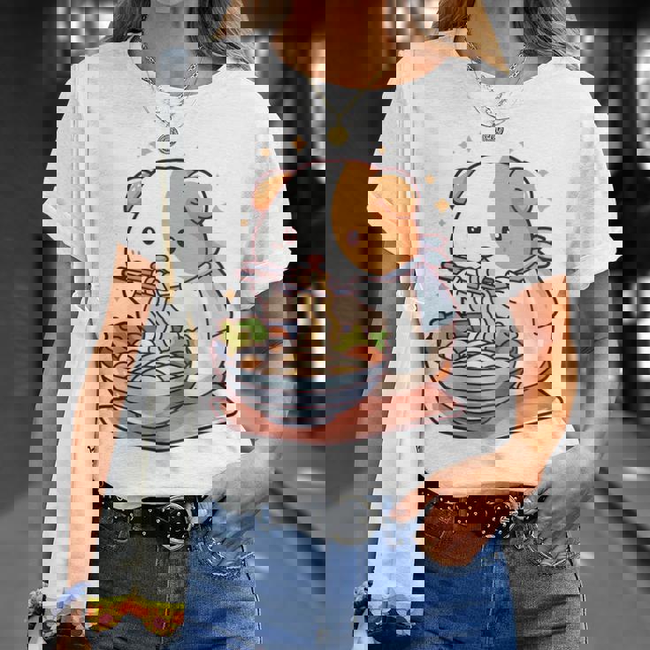 面白いモルモット 箸でラーメンを食べる アニメ 長袖tシャツ Tシャツ 彼女への贈り物