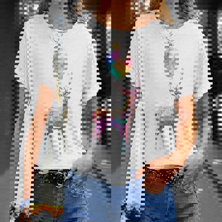 鹿 カラフル モチーフ 抽象 動物 プリント アート 鹿 Tシャツ 彼女への贈り物