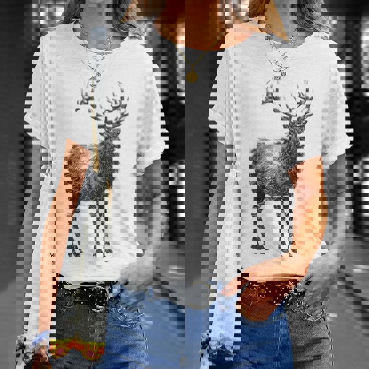 鹿 動物 プリント モチーフ 図面 イラスト ポートレート 鹿 Tシャツ 彼女への贈り物