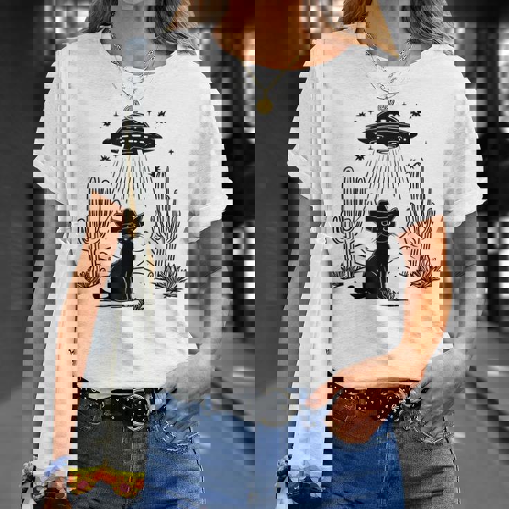 黒猫 カウボーイハット ウェスタン Ufo エイリアン 面白い かわいい Tシャツ 彼女への贈り物