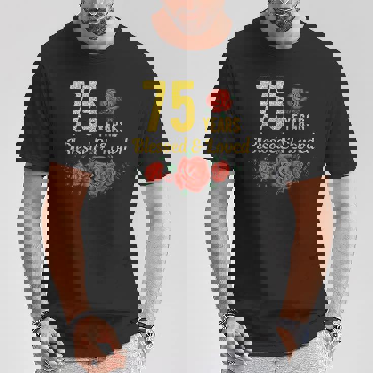 75歳 祝福され愛されたバラの花 フローラル 75歳の誕生日 Tシャツ 面白い贈り物