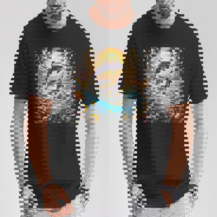 90年代イルカ、アロハ ハワイアン イルカ、カラフルなビーチ Tシャツ 面白い贈り物