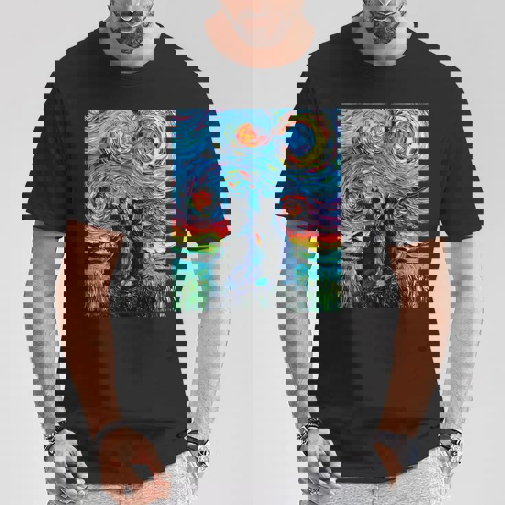 Aja 星月夜に2匹の黒猫 カラフルアート Tシャツ 面白い贈り物