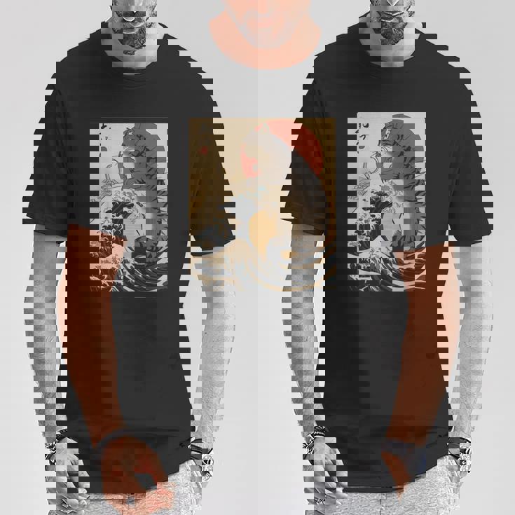 Catzilla 日本の波 ヴィンテージ 夕日 面白い 猫 アート Tシャツ 面白い贈り物