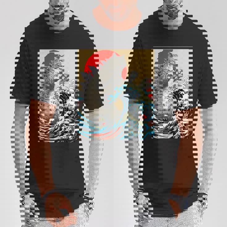 Catzilla 猫日本美術面白い猫 Tシャツ 面白い贈り物