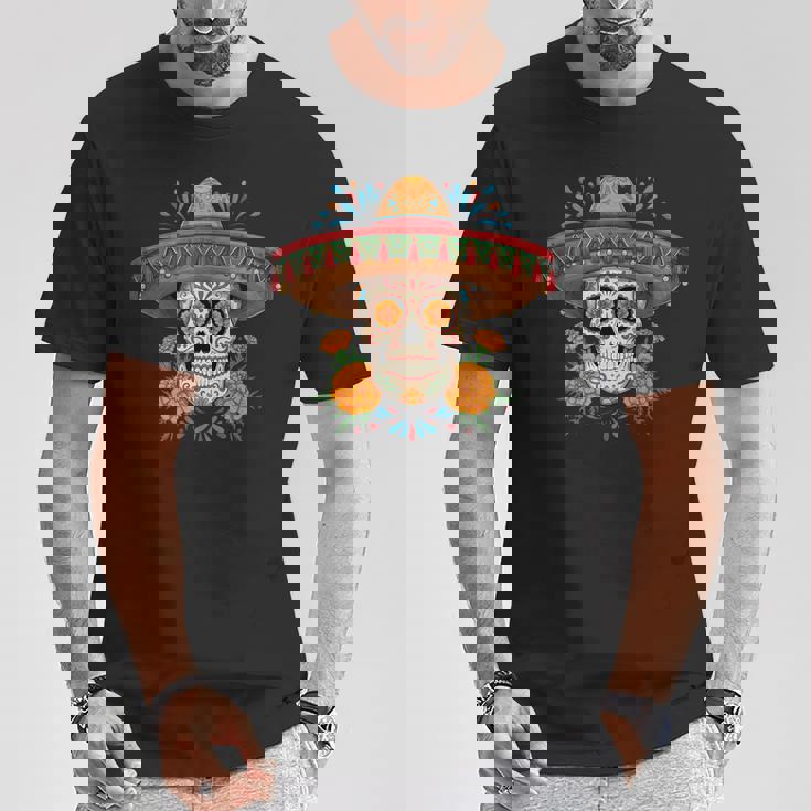 Dia De Los Muertos スカルとマリーゴールド Tシャツ 面白い贈り物