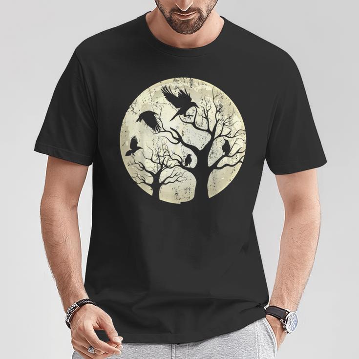Forêt Arbre Lune Oiseaux Gothique Noir Terrifiant Corbeau T-Shirt Cadeaux drôles