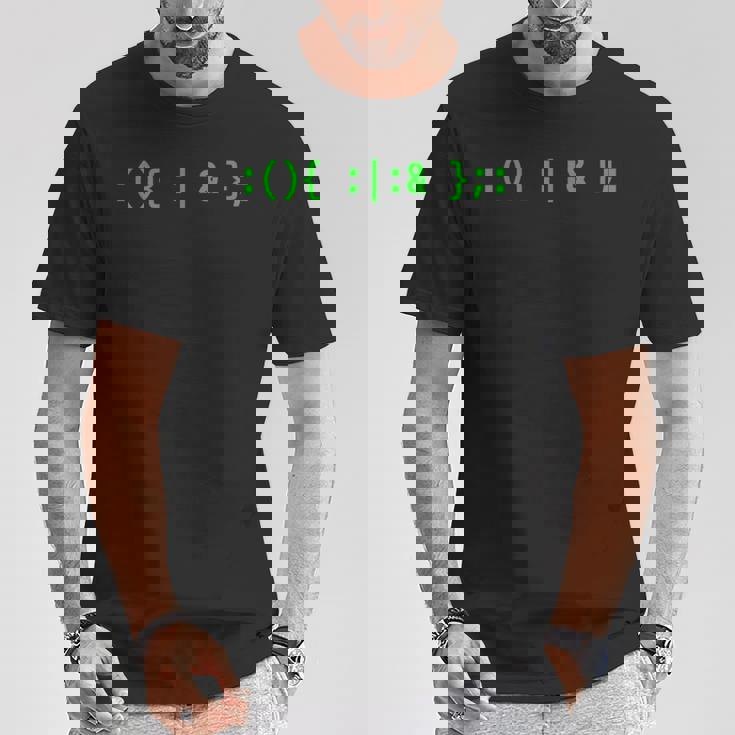 Fork Bomb Bash Hacker Command グリーンテキストデザイン Tシャツ 面白い贈り物