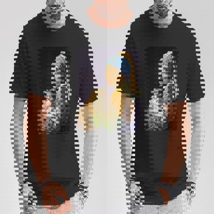 Girl With A Pearl Earring And A Cat 名画パロディ アート猫 Tシャツ 面白い贈り物