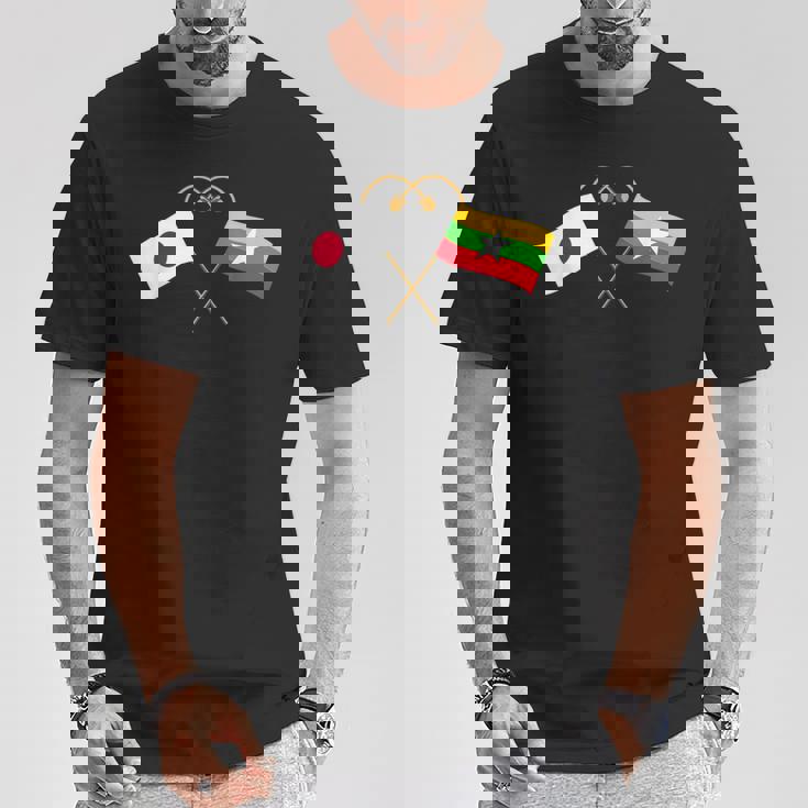 Japanese Flag Myanmar Flag ミャンマー遺産 ミャンマーのルーツ 日本の国旗 ミャンマーの国旗 Tシャツ 面白い贈り物