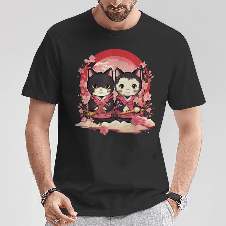 Kawaii Japonés Parejasamurai Ninja Gatos Guerrero Arte Camiseta unisex Regalos divertidos