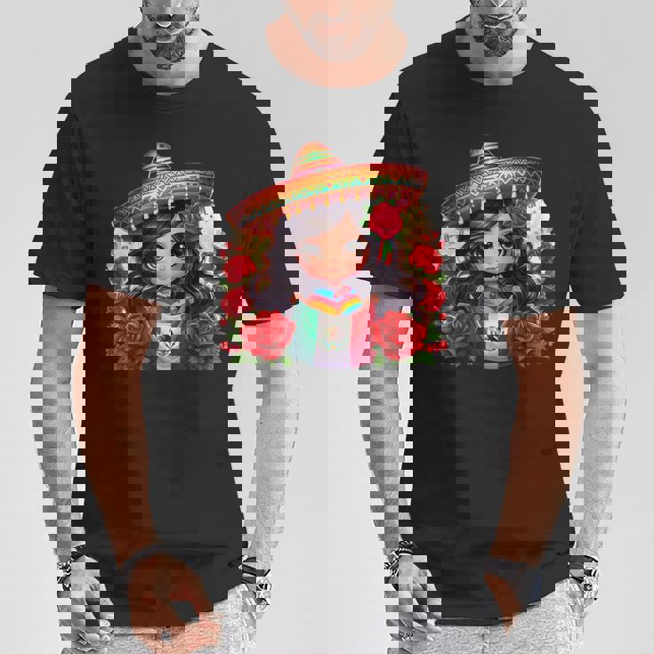 Long Haired Curvy Mexican Chibi Zarape Roses Mexican Pride Tシャツ 面白い贈り物