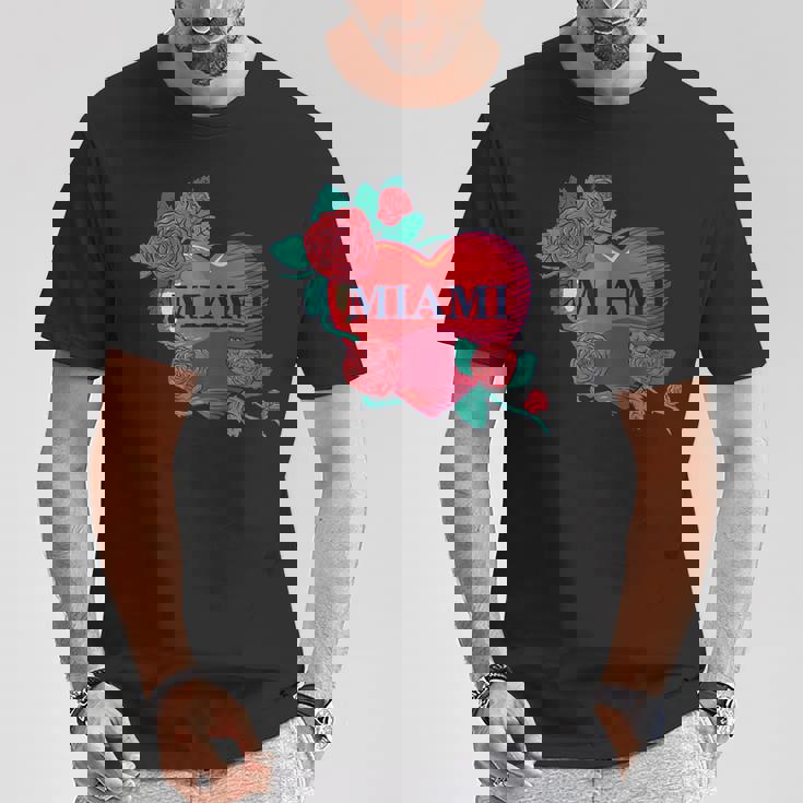 I Love Miami Miami Love Heart & Roses Illustration Graphic Tシャツ 面白い贈り物