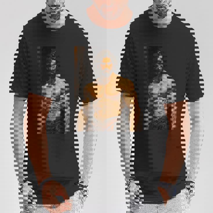 Muscle Man Bodybuilder Gay Daddy Classic Oil Paintingtyle Tシャツ 面白い贈り物