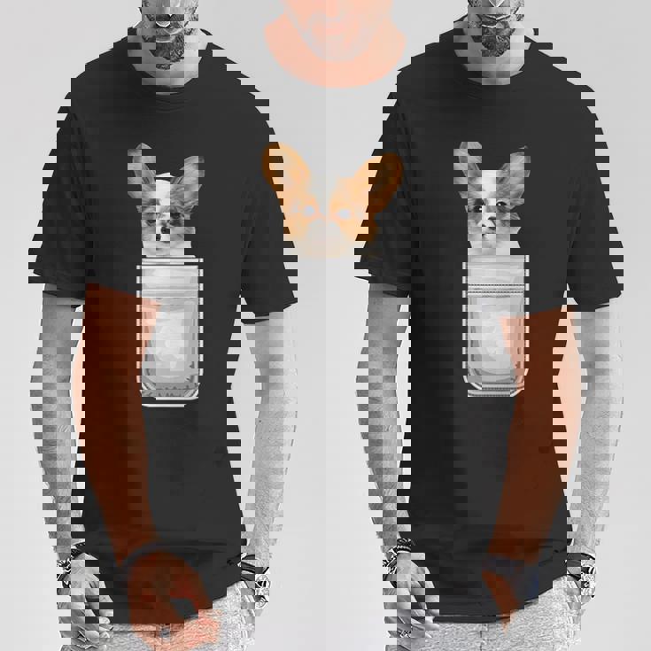 Papillon パピヨン 子犬 ポケットの中の犬 Tシャツ 面白い贈り物