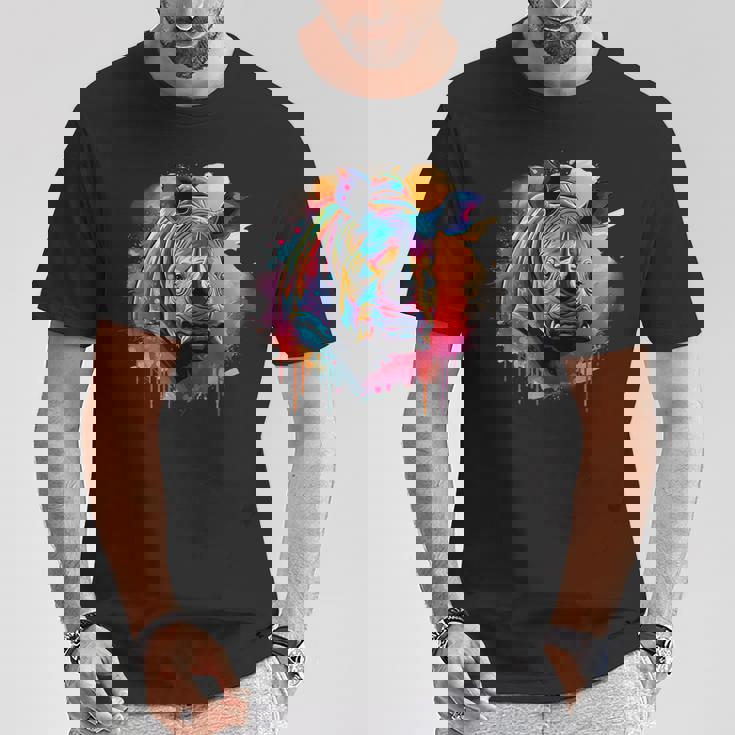 Rhinoceros アートワーク ポートレート 動物 アート カラフル スプラッシュ サイ Tシャツ 面白い贈り物