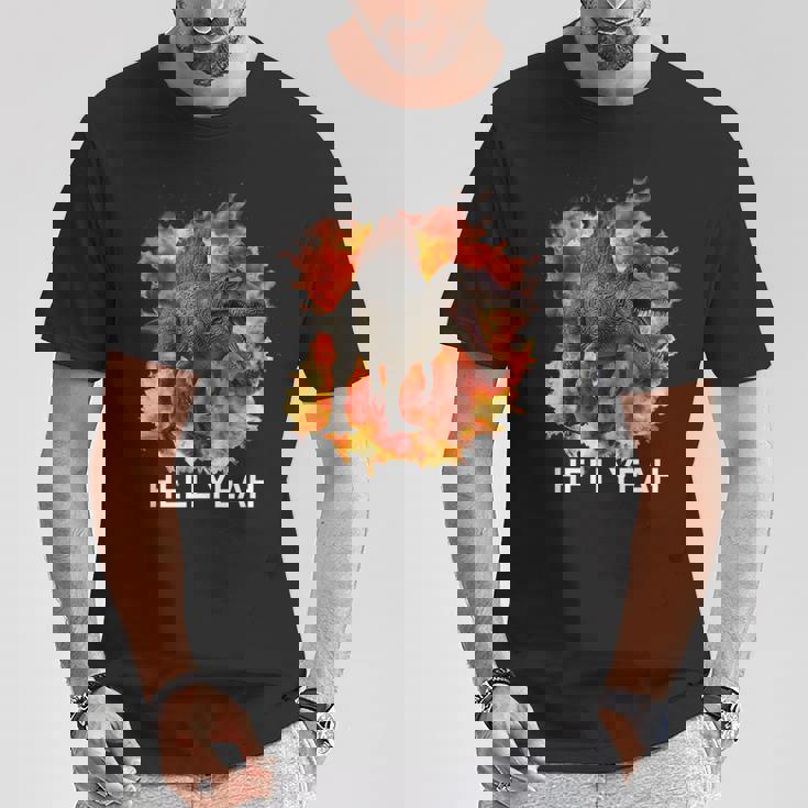 Spinosaurus Hell Yeah Dinosauro Con Fuoco E Fiamme Maglietta - Main Image