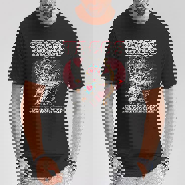 Taco Lovers バレンタインデー シュガースカル キューピッド メキシカンアート Tシャツ 面白い贈り物