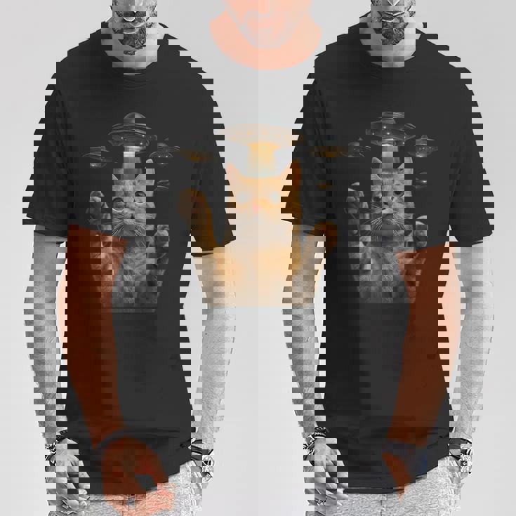 Ufo 誘拐 猫 面白い エイリアン ビーム リアル スタイル Tシャツ 面白い贈り物
