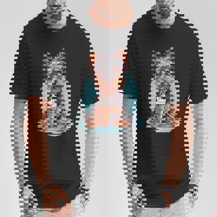 Yorkie Dog アニメ アイスクリームを食べる 夏 かわいい Tシャツ 面白い贈り物