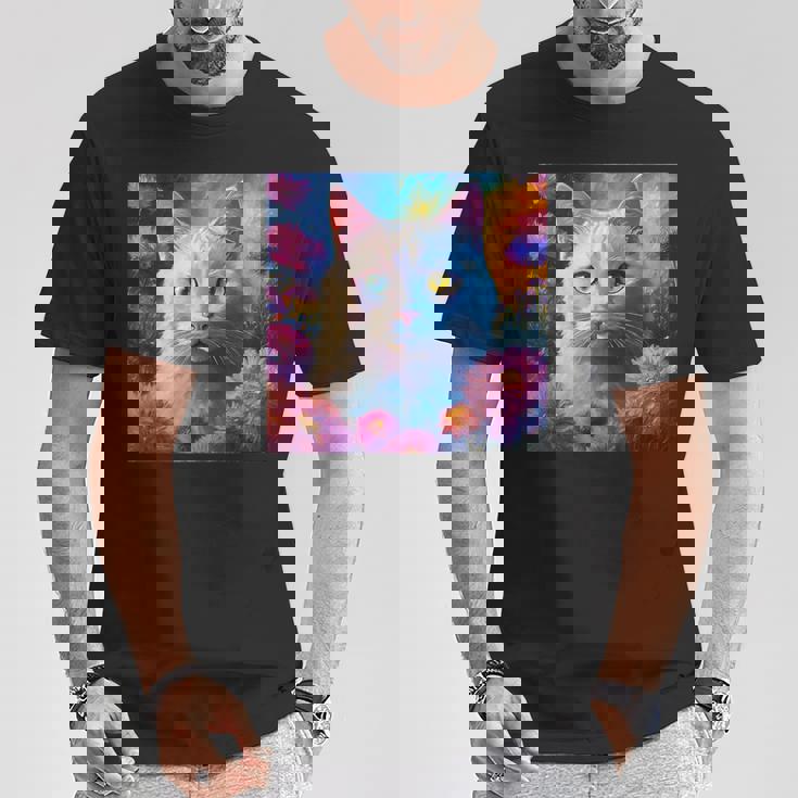 「お花畑のルディ猫」 油絵風ファンタジーアート 綺麗 かわいい オッドアイ リアル Tシャツ 面白い贈り物