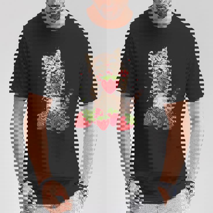 いちご 猫 いちご フルーツ ネコ アニマル プリント 図面 Tシャツ 面白い贈り物