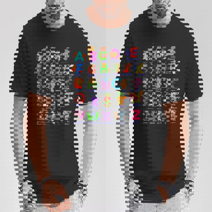 おもしろアルファベット動物新学期abc学習ギフト Tシャツ 面白い贈り物