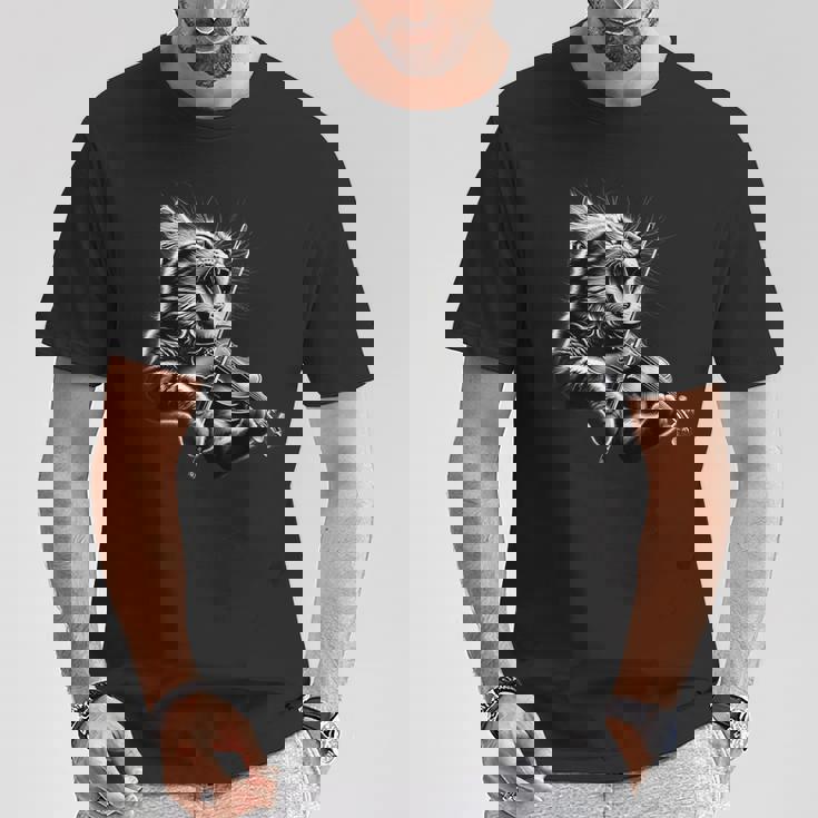 おもしろオーケストラ ミュージシャン バイオリニスト ロックキャット 演奏 バイオリン Tシャツ 面白い贈り物