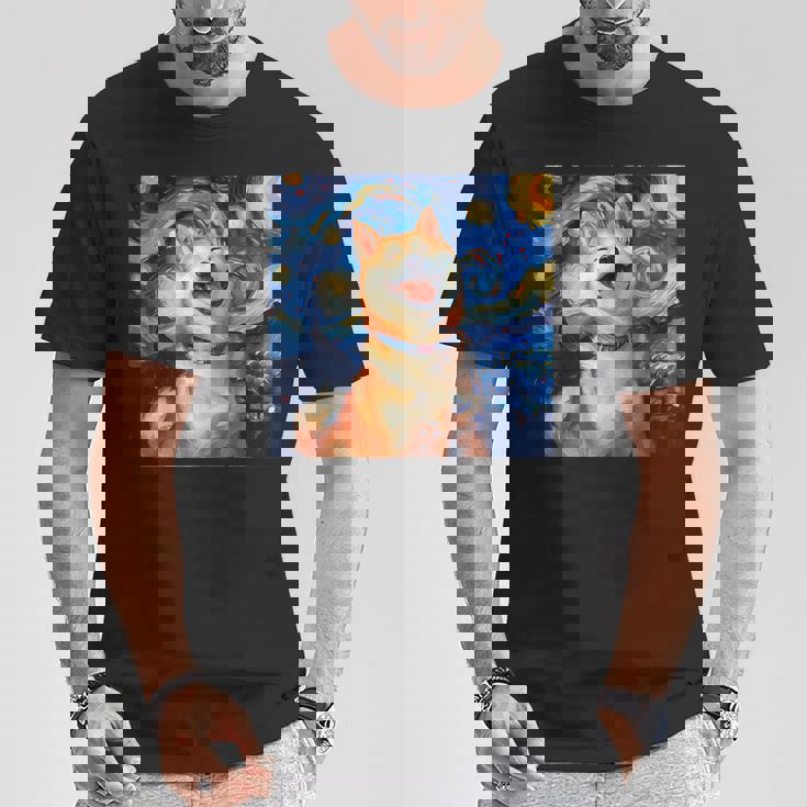 かわいい 柴犬 犬 星月夜 ヴィンセント・ヴァン・ゴッホ 絵画 Tシャツ 面白い贈り物