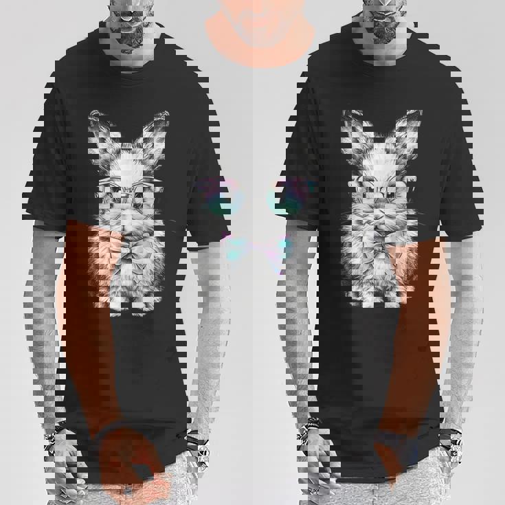 かわいいエステティックイースターボウタイバニーウサギメガネ付き Tシャツ 面白い贈り物