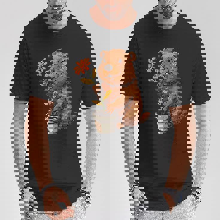 かわいいコスチューム愛好家のための鉢植えのハッピービーバー Tシャツ 面白い贈り物