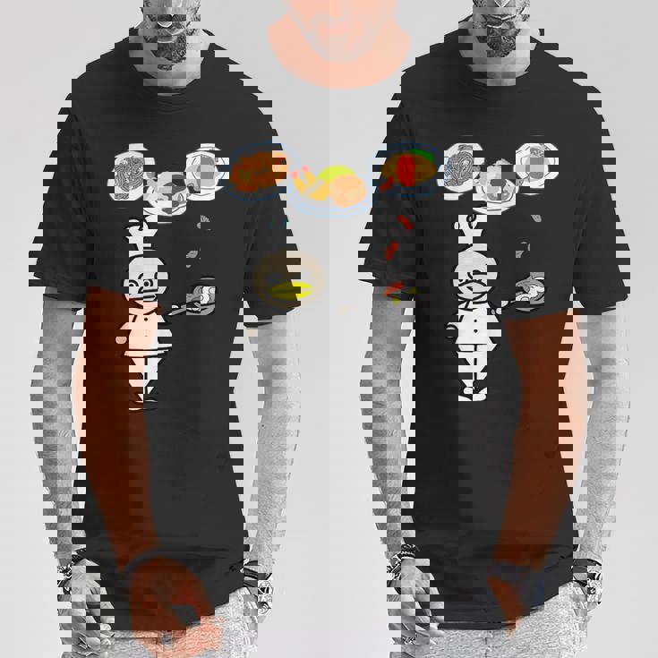 かわいいコックさん 洋食屋さん オムライス ナポリタン ハンバーグ エビフライ ウィンナー フライパン おもしろ Tシャツ 面白い贈り物