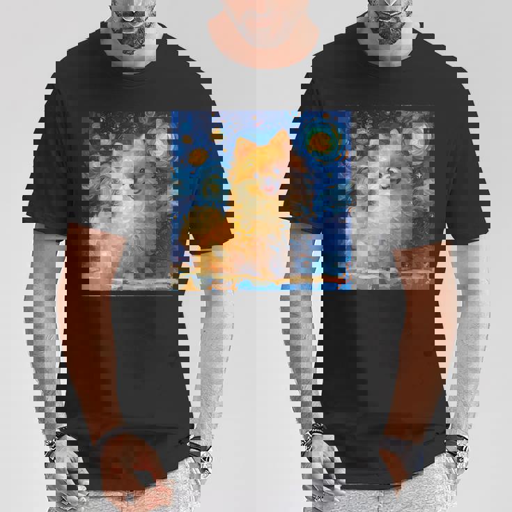 かわいいポメラニアン犬 星月夜 ヴィンセント・ヴァン・ゴッホ絵画 Tシャツ 面白い贈り物